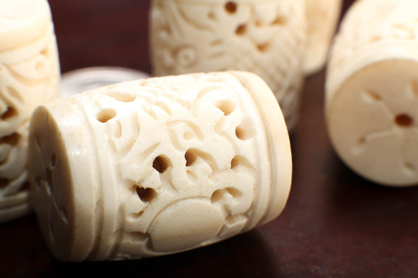 Carved Buffalo Bone White Rectangle Box Shape, Barrel Shape Carved Dragon 26-28x35mm, Hollow Drilled Bead, Art Deco