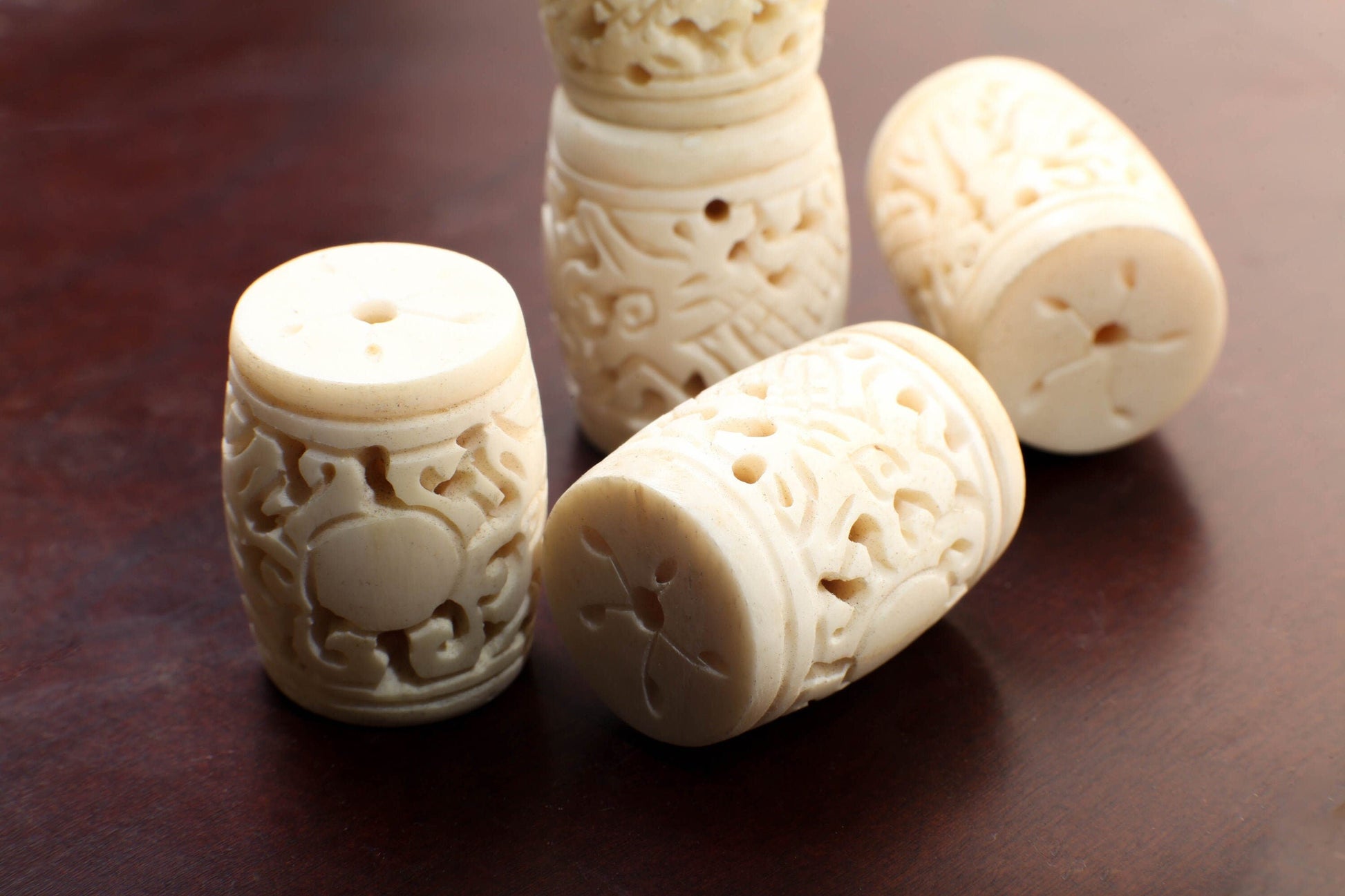 Carved Buffalo Bone White Rectangle Box Shape, Barrel Shape Carved Dragon 26-28x35mm, Hollow Drilled Bead, Art Deco