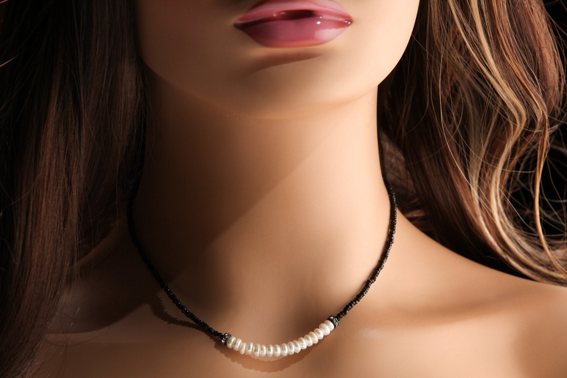Black Spinel Micro Faceted 2mm Diamond Cut with Freshwater Pearl Rondelle Choker 925 Sterling Silver Necklace Minimalist,Necklace 14" to 40"