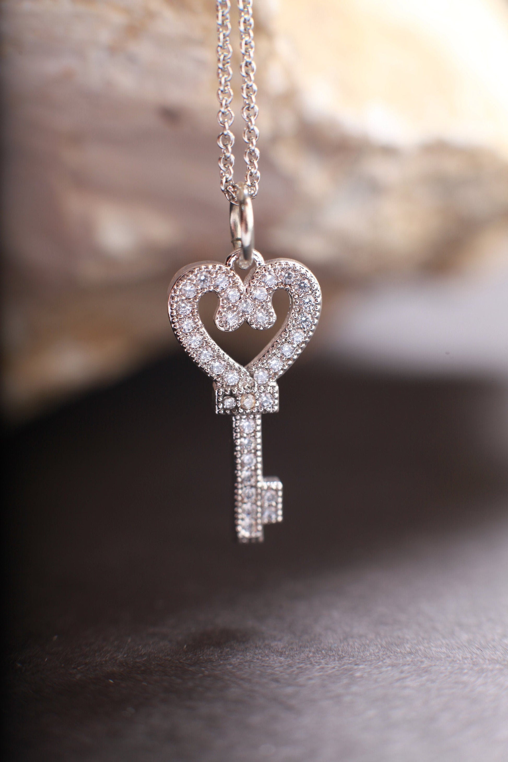 Dainty Cubic Zirconia CZ Key Charm with .925 Sterling Silver Cable Chain Necklace 16&quot;