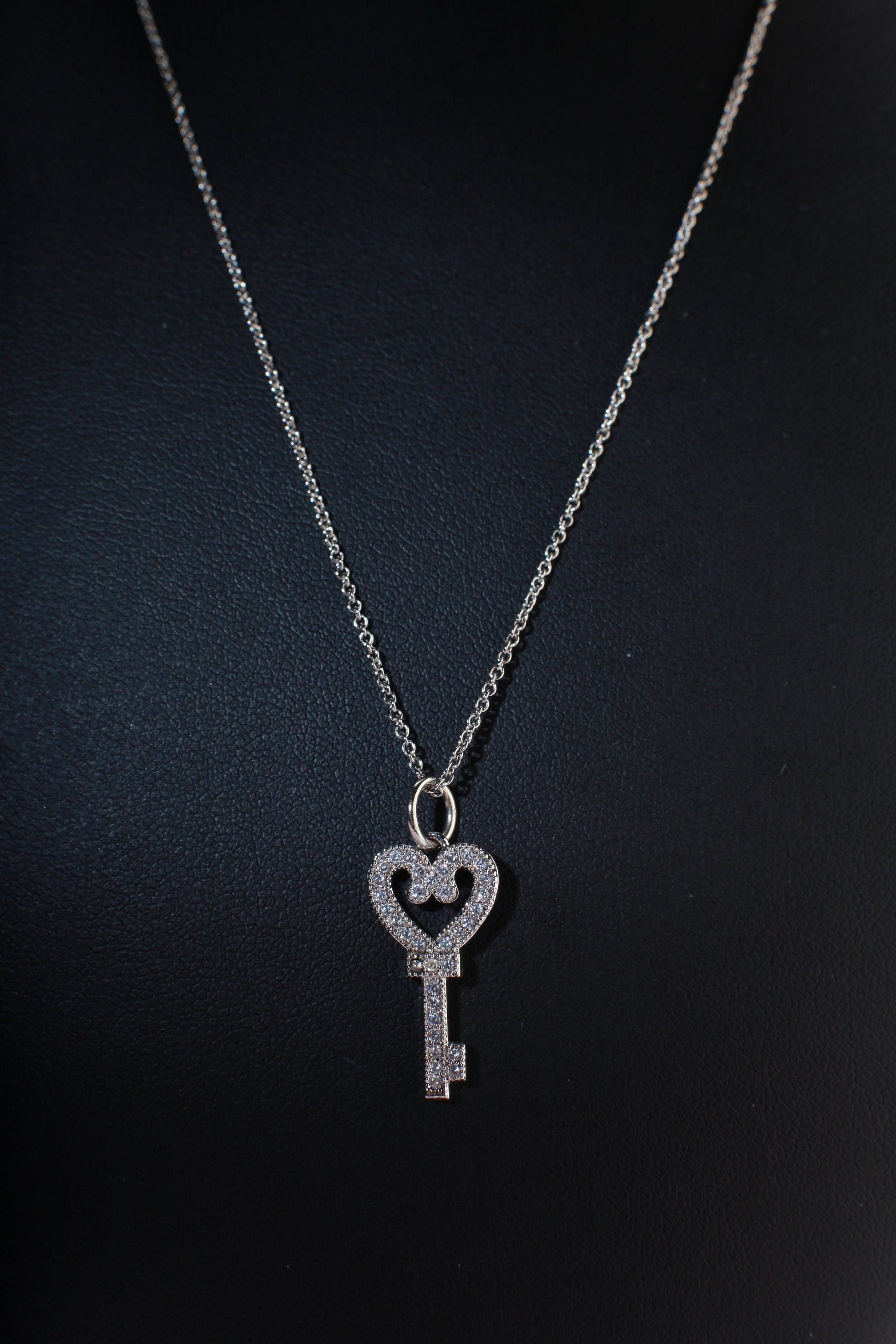 Dainty Cubic Zirconia CZ Key Charm with .925 Sterling Silver Cable Chain Necklace 16&quot;