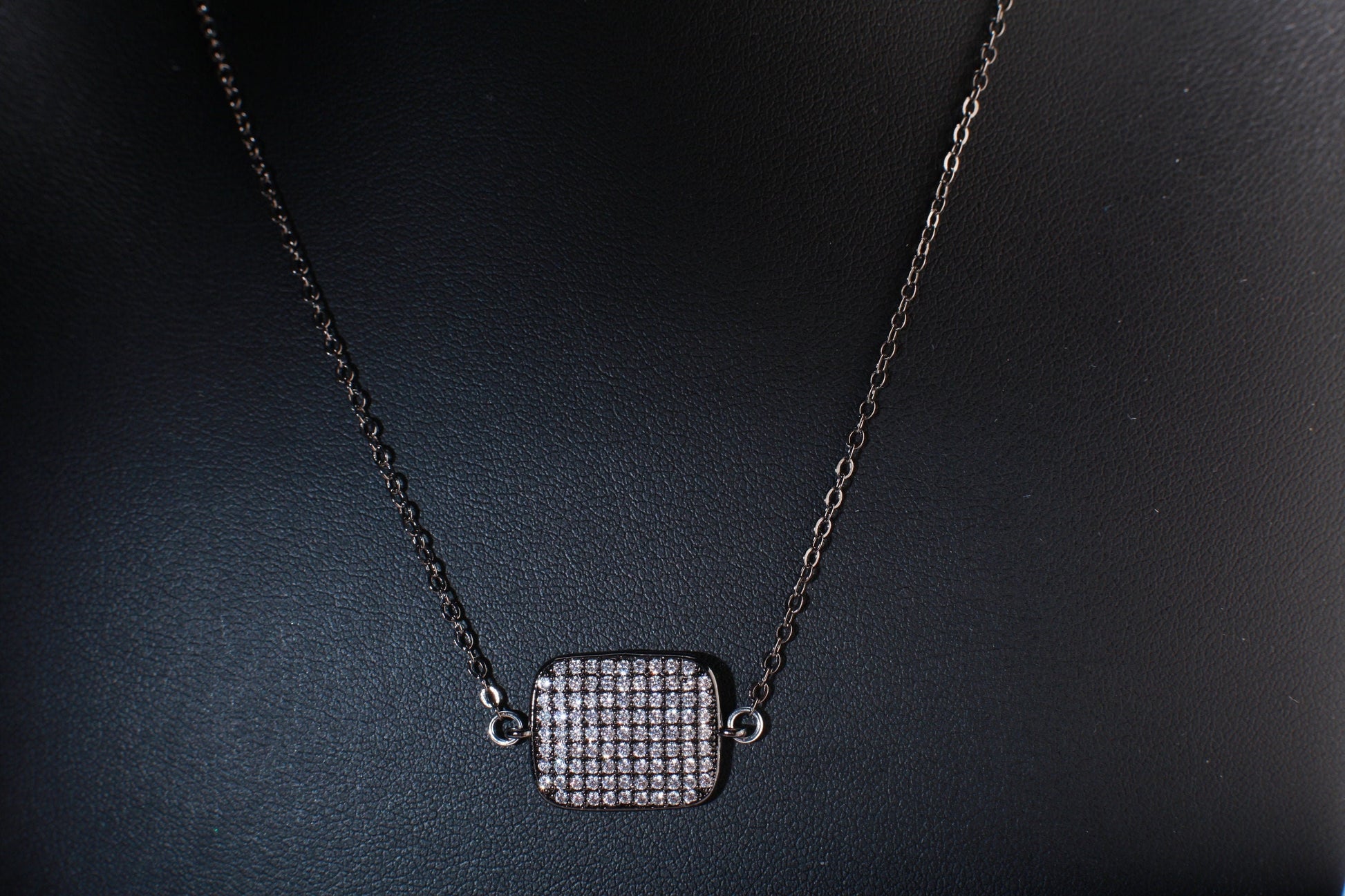 Cubic Zirconia Oxidized and Diamond Micro Pave, Bling Pillow Shape Charm 16&quot; Necklace and 2&quot; Extension Chain