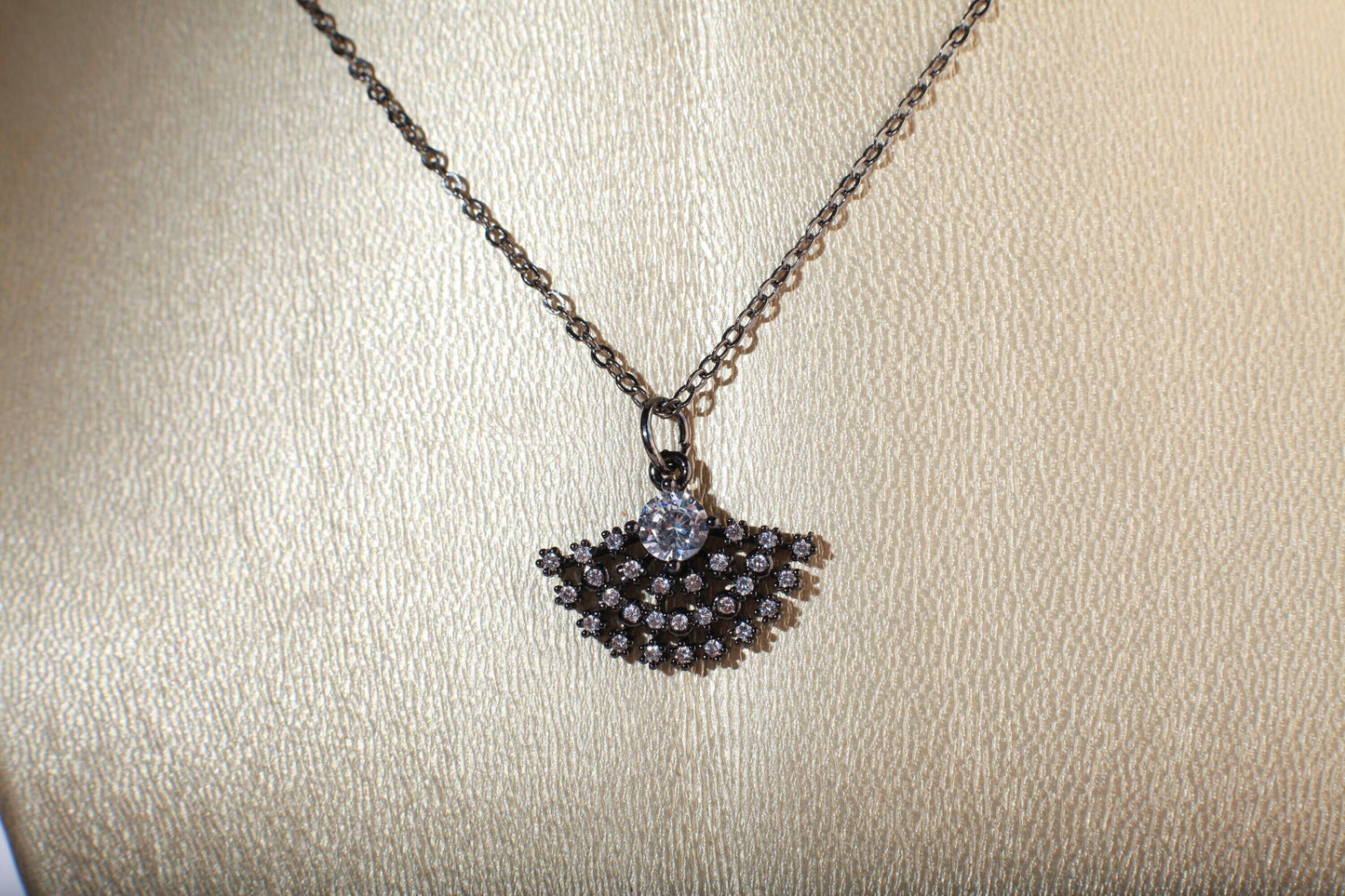 Cubic Zirconia Oxidized and Rhinestone Diamond Ball Micro Pave Fan Charm Necklace. Available in 16&quot;, 18&quot; and 20&quot;