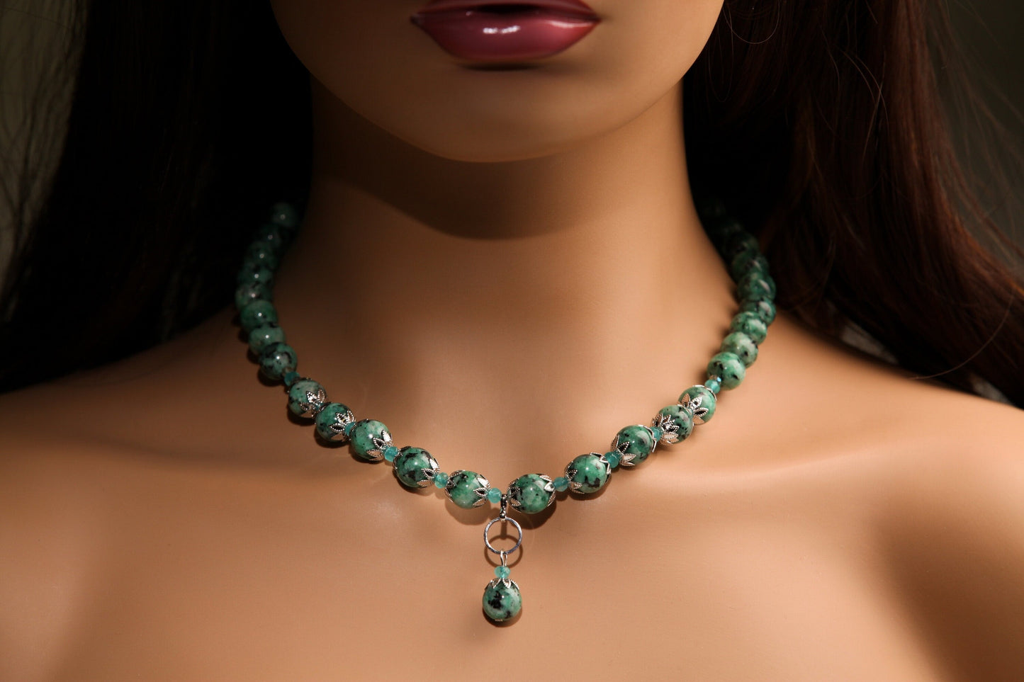 Aqua Tera Green Jasper 10mm Round Pendant Necklace with Apatite Spacers, Matching Earrings Jewelry Set 18&quot; plus 2&quot; Extension