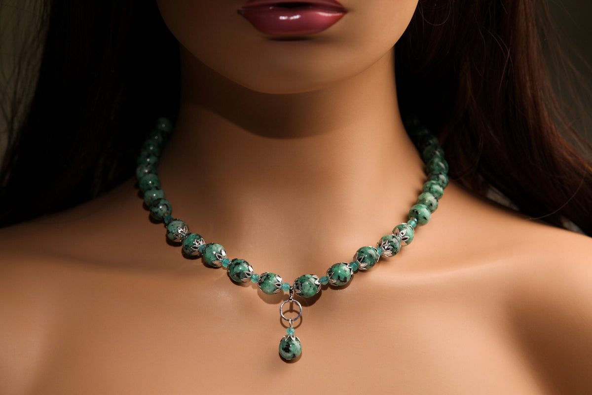 Aqua Tera Green Jasper 10mm Round Pendant Necklace with Apatite Spacers, Matching Earrings Jewelry Set 18" plus 2" Extension