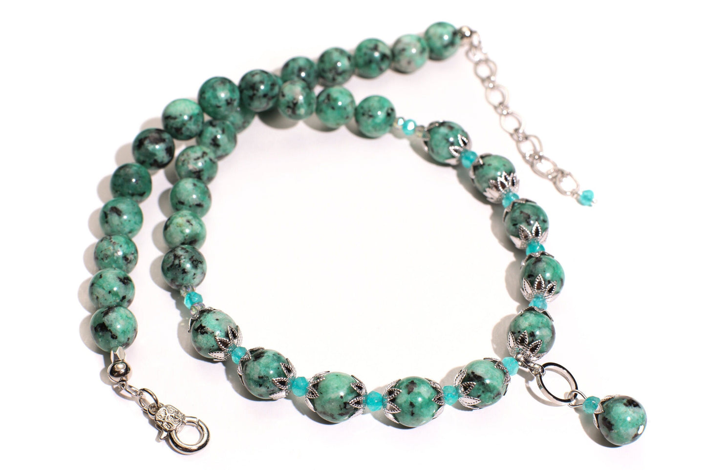 Aqua Tera Green Jasper 10mm Round Pendant Necklace with Apatite Spacers, Matching Earrings Jewelry Set 18" plus 2" Extension