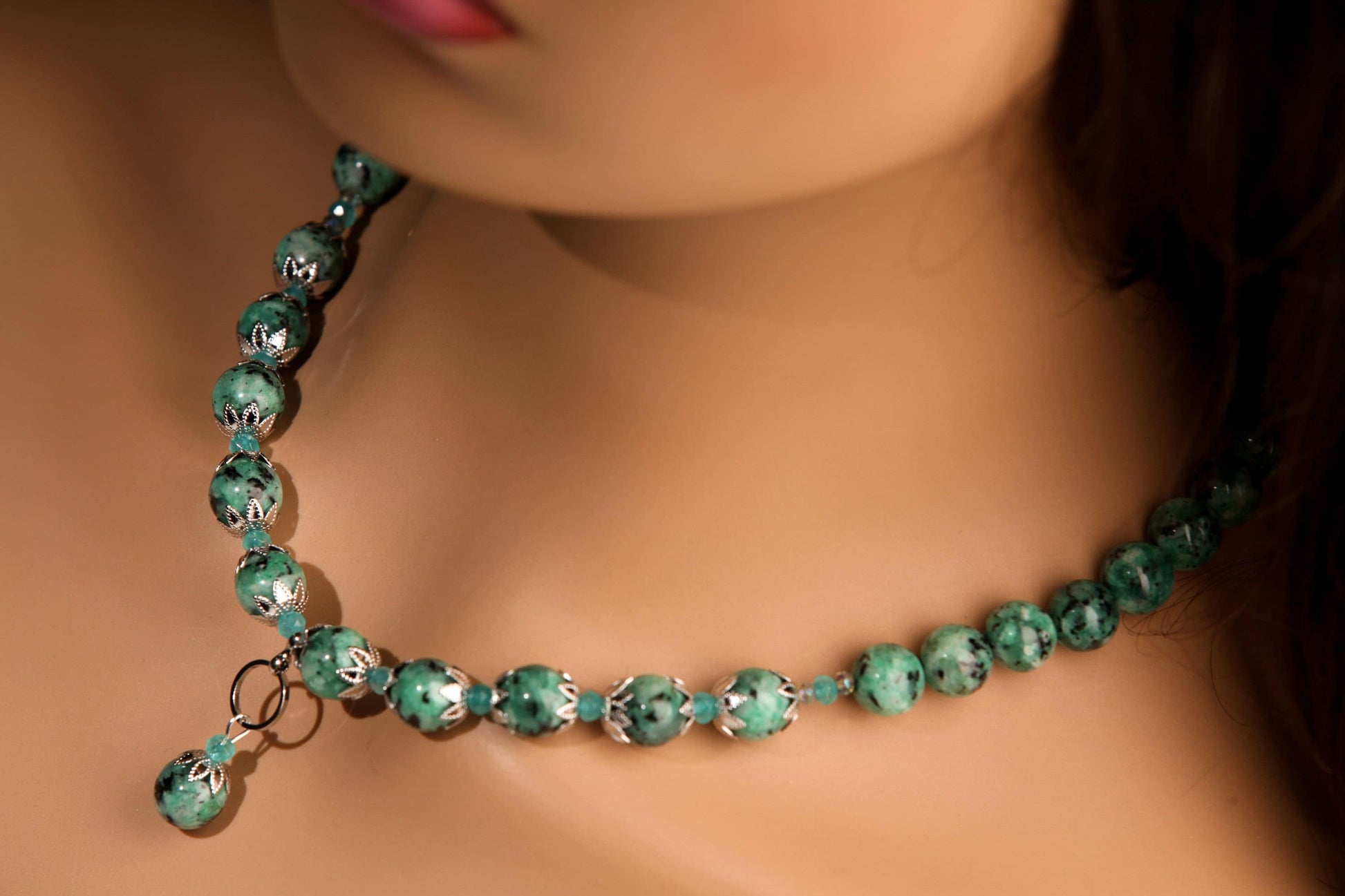 Aqua Tera Green Jasper 10mm Round Pendant Necklace with Apatite Spacers, Matching Earrings Jewelry Set 18" plus 2" Extension