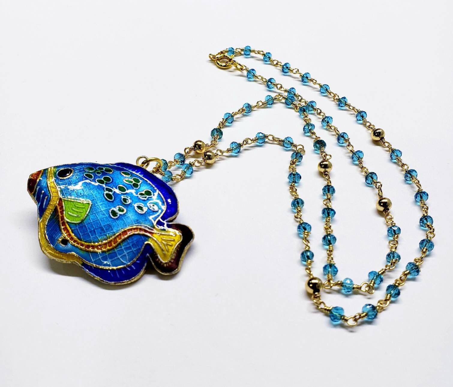 Genuine Cloisonné fish pendant 30x40mm Reversible with matching blue crystal gold beaded 20&quot;chain. Beautiful fish lover vintage gift.