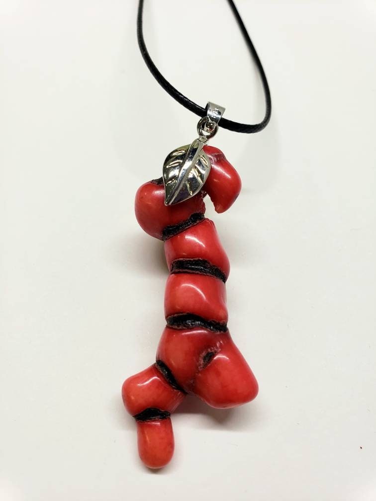 Genuine bamboo coral long stick, unique branch rhodium leaf bail pendant with black leather 18&quot;plus 2&quot; extension necklace. Man, woman gift.