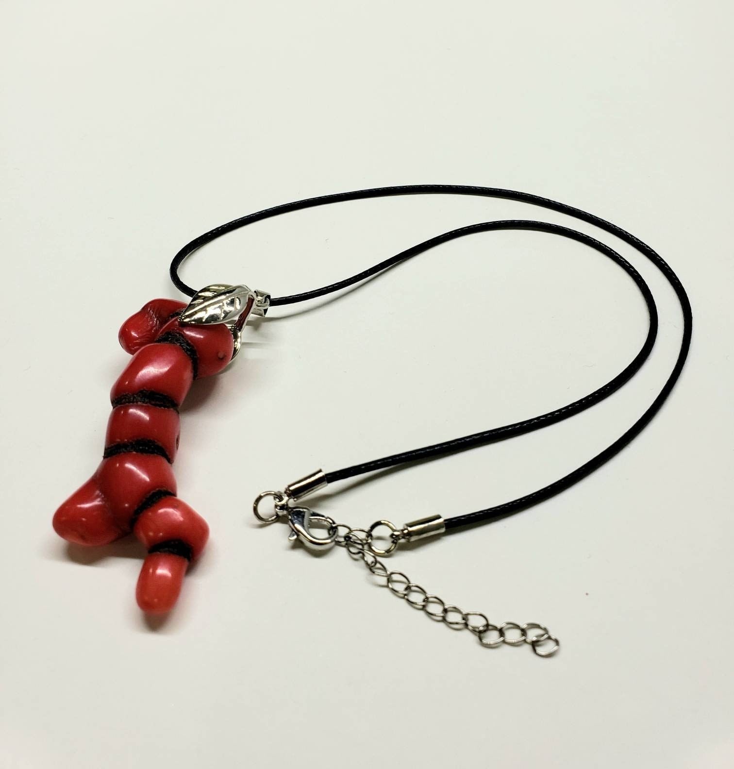 Genuine bamboo coral long stick, unique branch rhodium leaf bail pendant with black leather 18&quot;plus 2&quot; extension necklace. Man, woman gift.