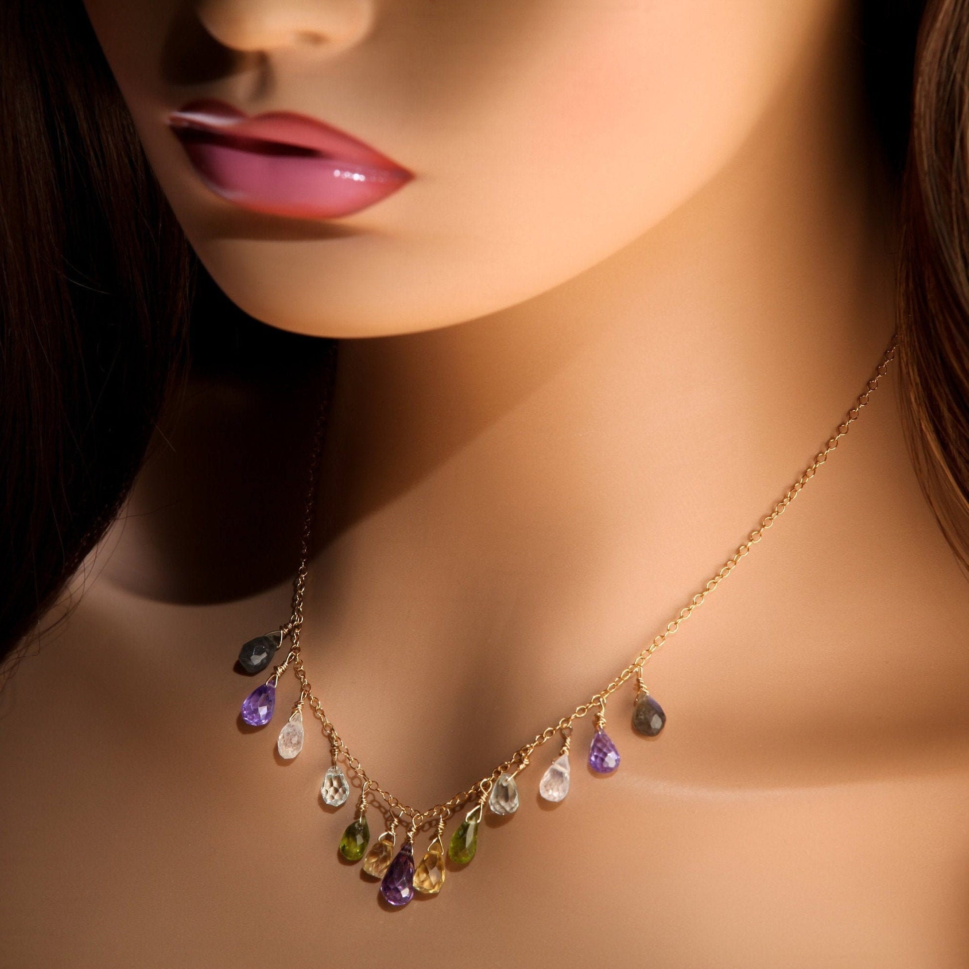Amethyst, Aquamarine, Moonstone, Labradorite, Peridot, Citrine Briolette Necklace, Wire Wrapped Dangling, 14K Gold Filled Gemstone Necklace