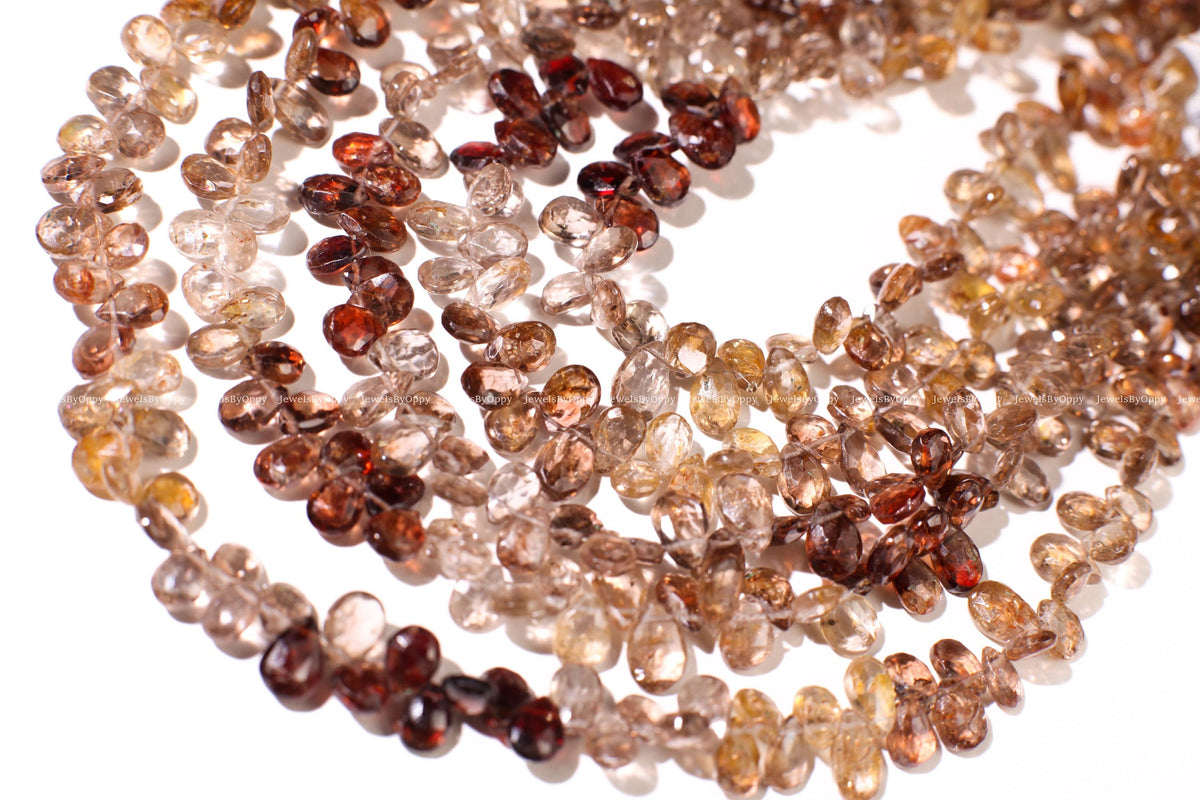 Natural Multi Brown Zircon 4x6-7mm Shaded Micro Faceted Diamond Cut Pear Drop Gemstone Beads Teardrop 4", 9" Strand