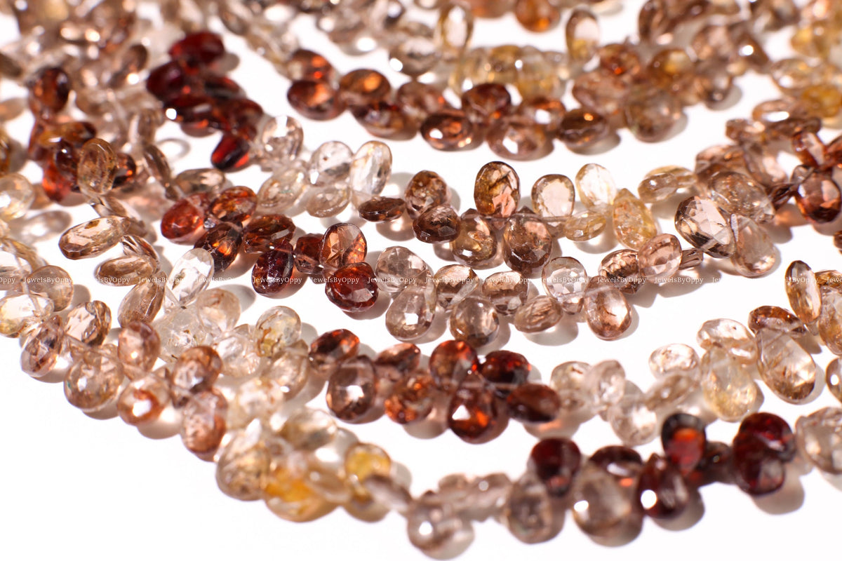 Natural Multi Brown Zircon 4x6-7mm Shaded Micro Faceted Diamond Cut Pear Drop Gemstone Beads Teardrop 4", 9" Strand