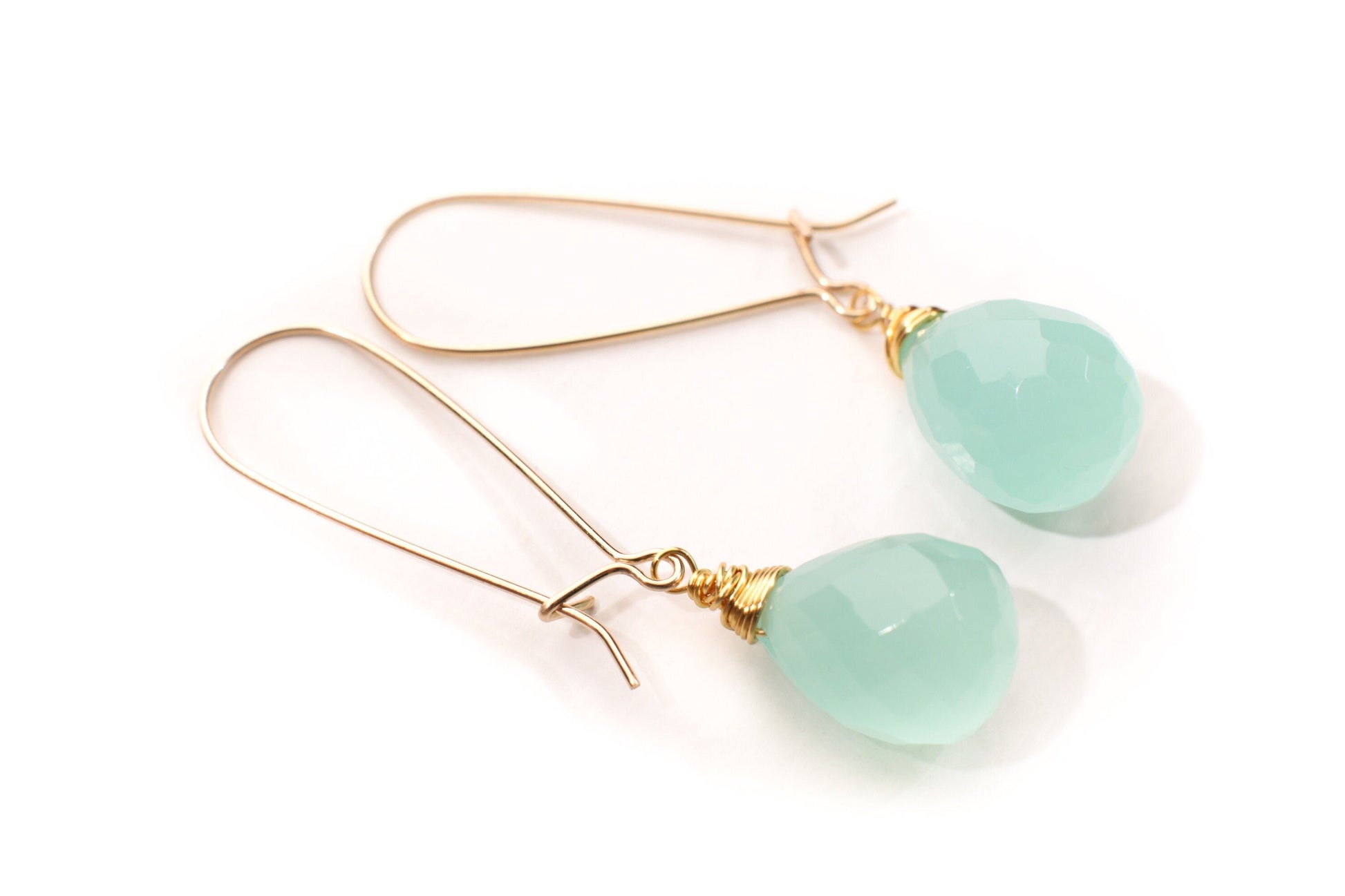 Aqua Chalcedony Faceted 11x16mm Briolette Wire Wrapped in 14K Gold Filled and 925 Sterling Silver Kidney Earwire,or Leverback Earrings gift