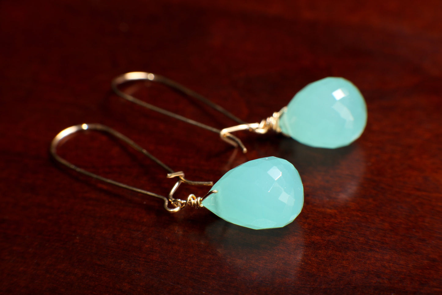 Aqua Chalcedony Faceted 11x16mm Briolette Wire Wrapped in 14K Gold Filled and 925 Sterling Silver Kidney Earwire,or Leverback Earrings gift