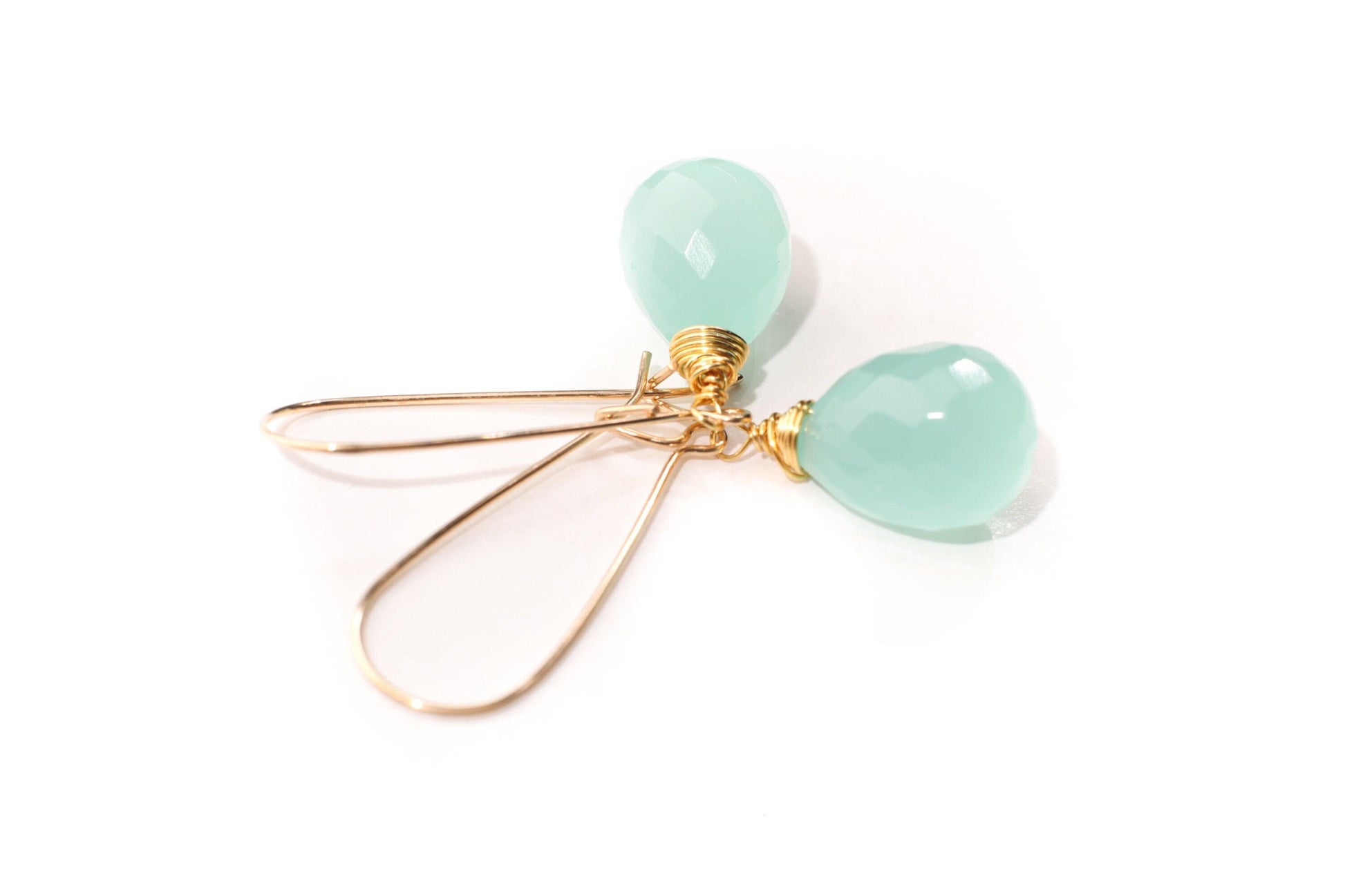 Aqua Chalcedony Faceted 11x16mm Briolette Wire Wrapped in 14K Gold Filled and 925 Sterling Silver Kidney Earwire,or Leverback Earrings gift