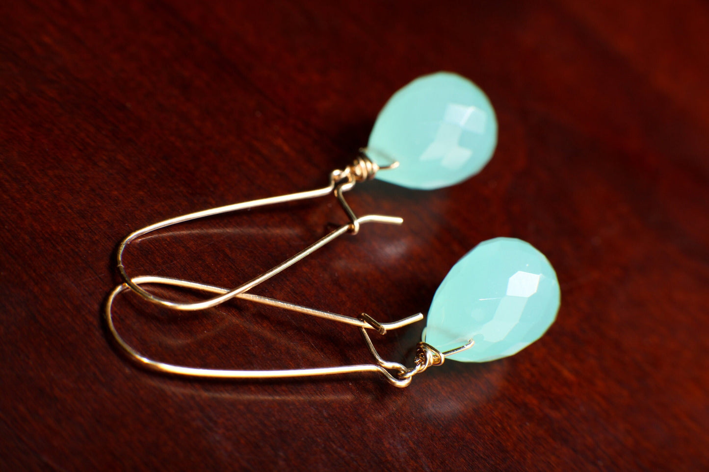 Aqua Chalcedony Faceted 11x16mm Briolette Wire Wrapped in 14K Gold Filled and 925 Sterling Silver Kidney Earwire,or Leverback Earrings gift