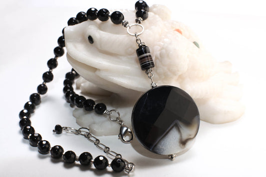 Black Fire Agate 39mm Faceted Disk Pendant with Dangling Stripe Agate Tube Accent Bead, Black Onyx Beaded Necklace 19&quot; with 2.5&quot; Extension