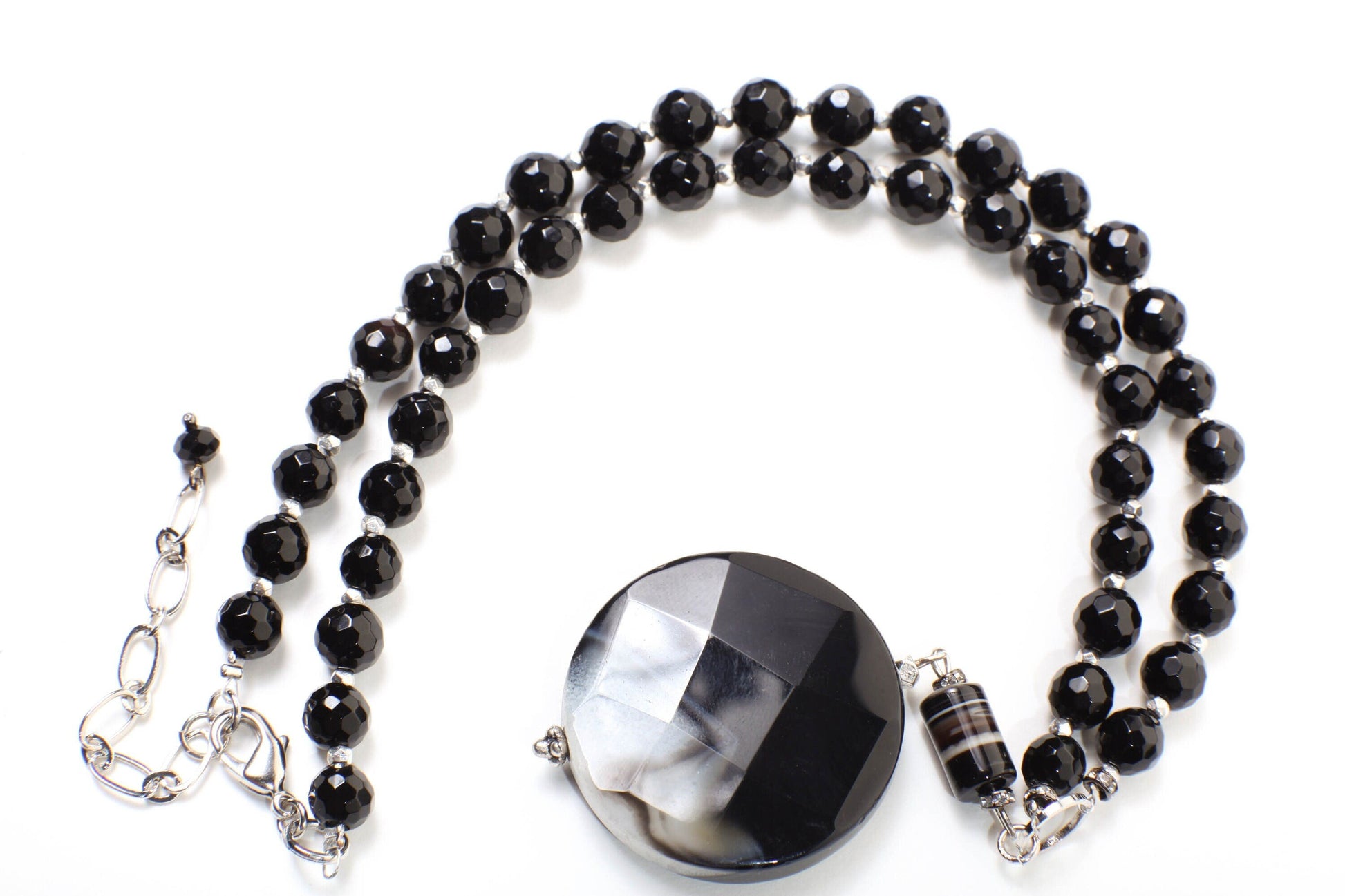 Black Fire Agate 39mm Faceted Disk Pendant with Dangling Stripe Agate Tube Accent Bead, Black Onyx Beaded Necklace 19&quot; with 2.5&quot; Extension