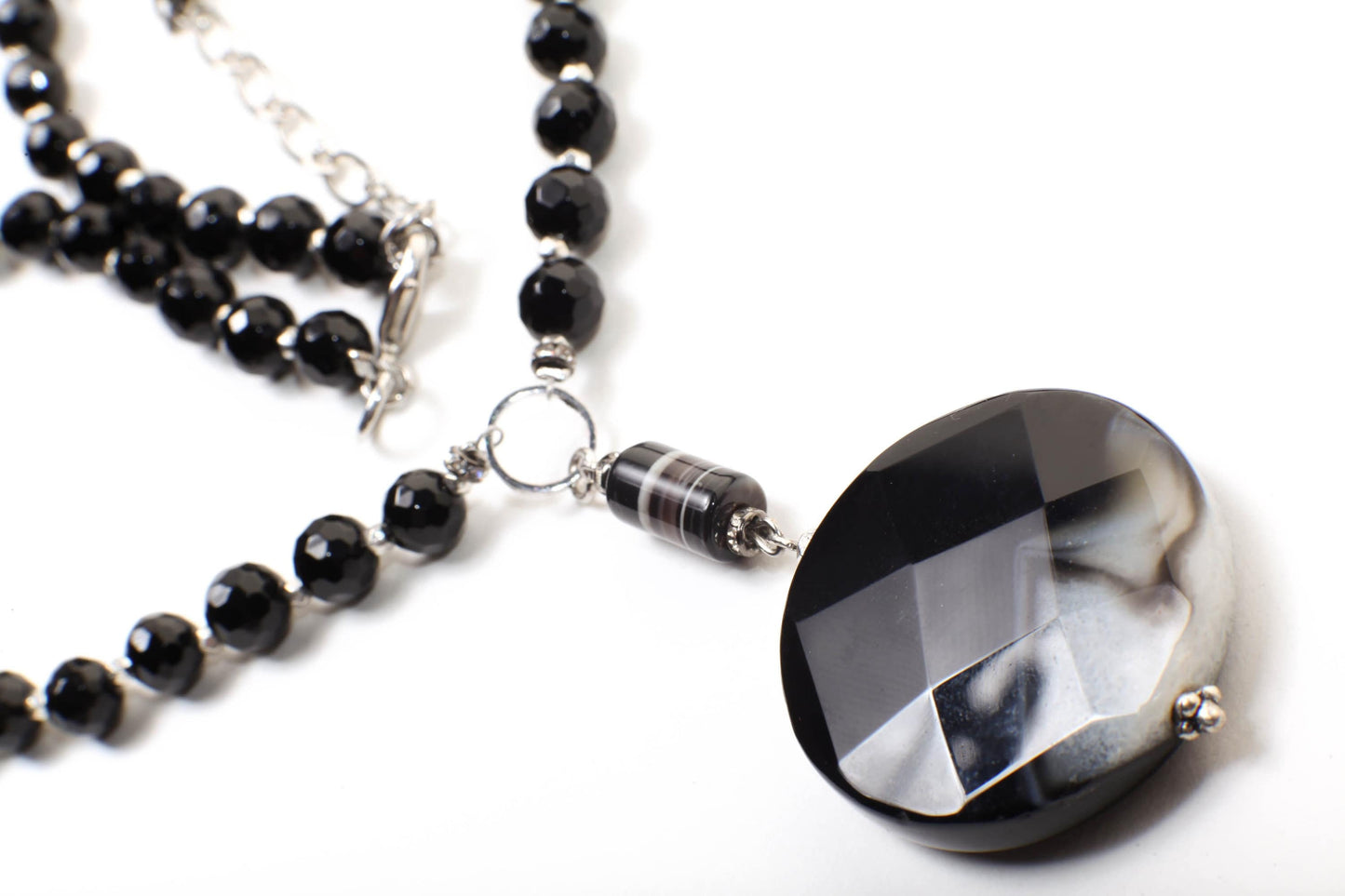 Black Fire Agate 39mm Faceted Disk Pendant with Dangling Stripe Agate Tube Accent Bead, Black Onyx Beaded Necklace 19" with 2.5" Extension