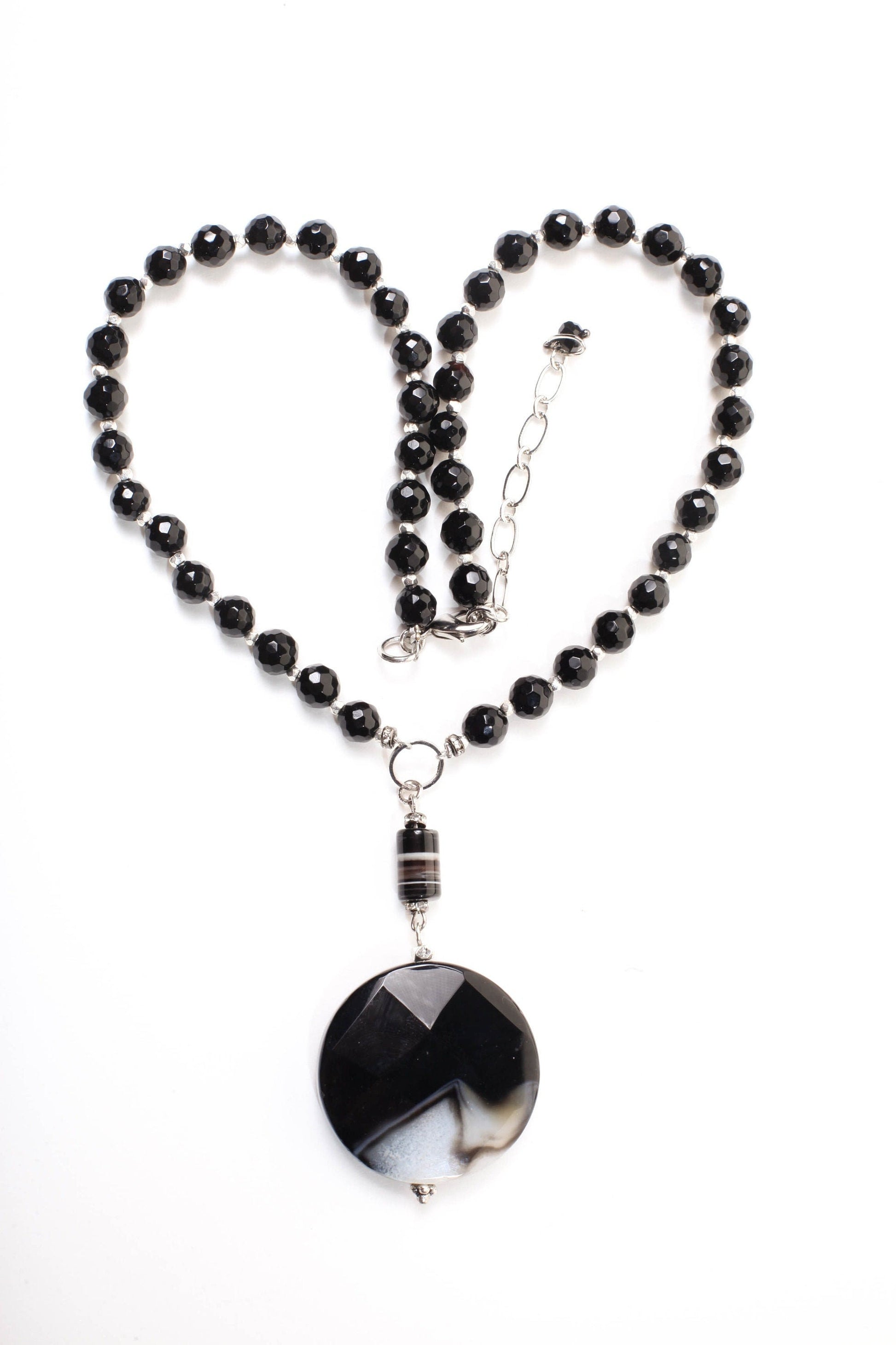 Black Fire Agate 39mm Faceted Disk Pendant with Dangling Stripe Agate Tube Accent Bead, Black Onyx Beaded Necklace 19&quot; with 2.5&quot; Extension