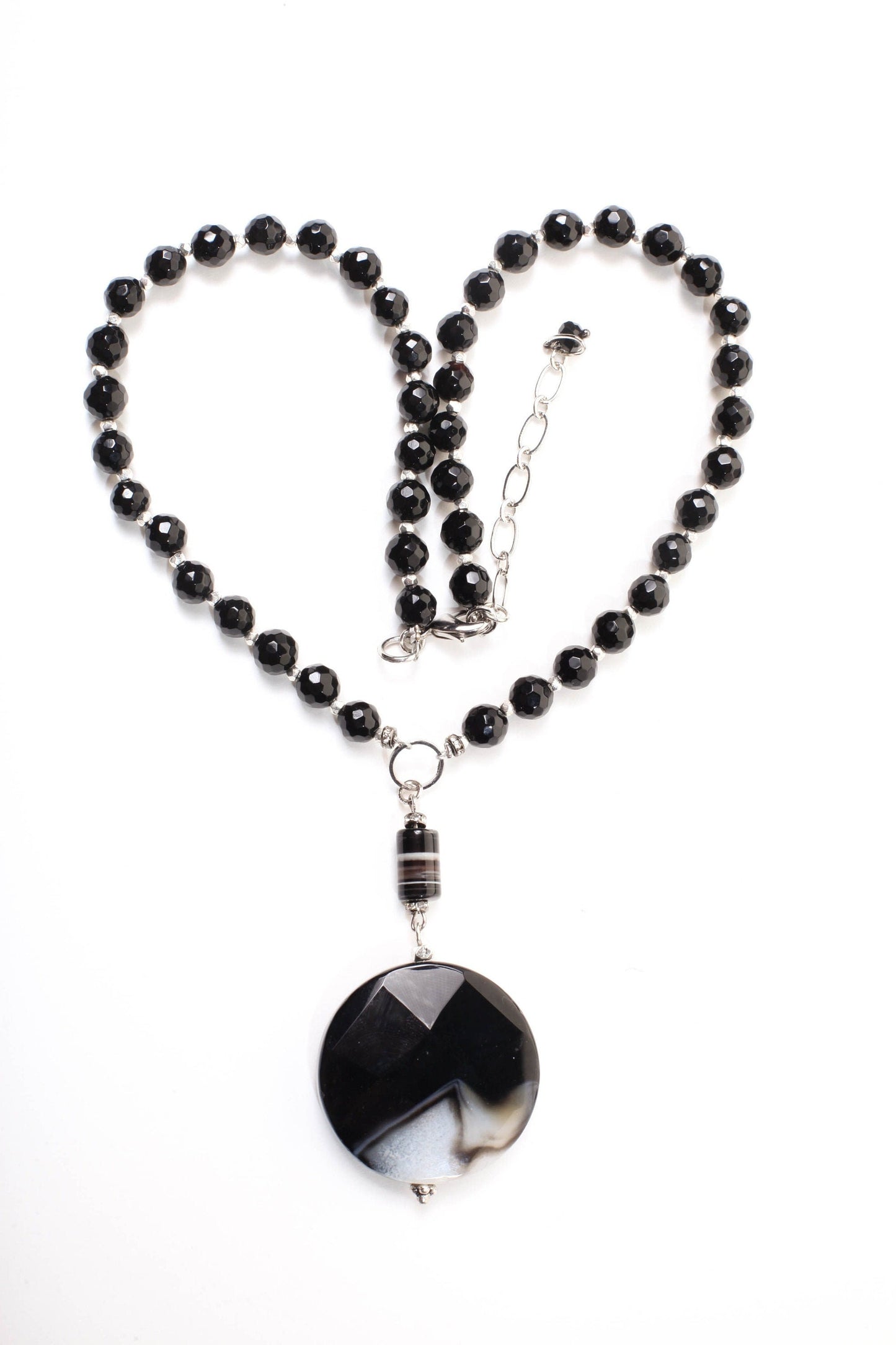 Black Fire Agate 39mm Faceted Disk Pendant with Dangling Stripe Agate Tube Accent Bead, Black Onyx Beaded Necklace 19" with 2.5" Extension