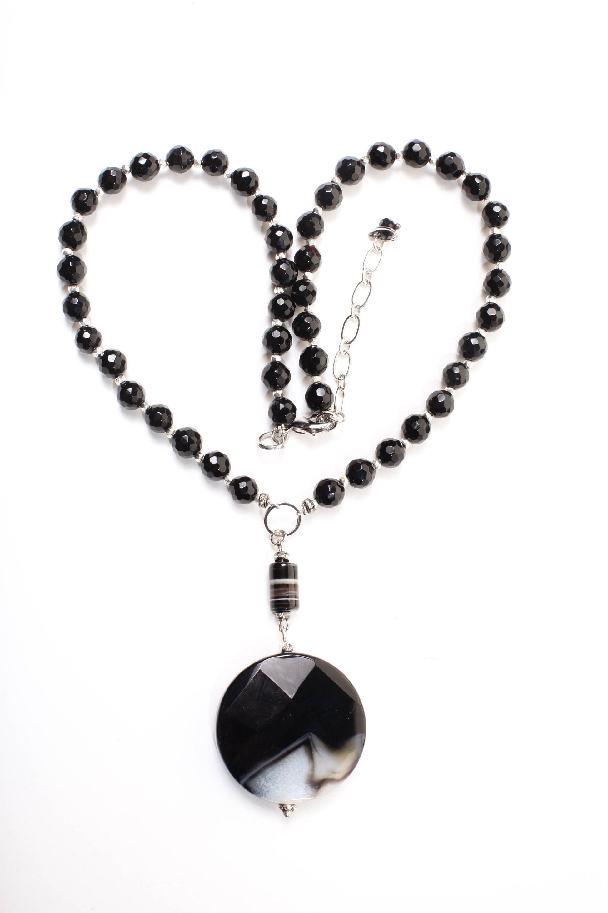 Black Fire Agate 39mm Faceted Disk Pendant with Dangling Stripe Agate Tube Accent Bead, Black Onyx Beaded Necklace 19" with 2.5" Extension
