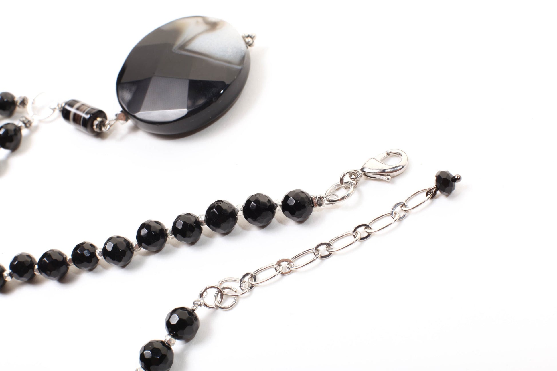 Black Fire Agate 39mm Faceted Disk Pendant with Dangling Stripe Agate Tube Accent Bead, Black Onyx Beaded Necklace 19&quot; with 2.5&quot; Extension