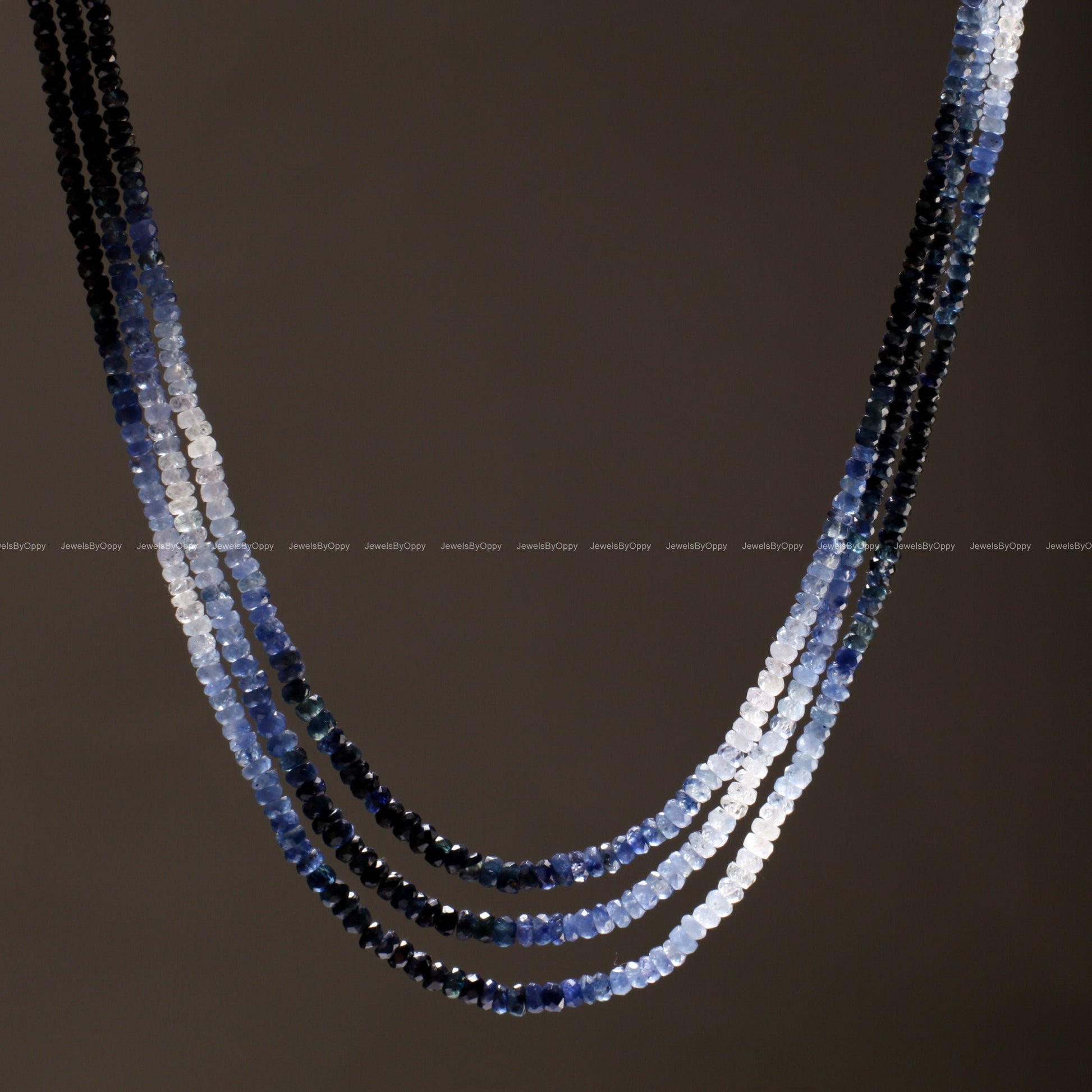 3 Line Natural Ombre Sapphire Graduated 2.5-3.5mm Faceted Roundel, 15&quot;-16&quot; Beads Length plus Adjustable Threaded Necklace