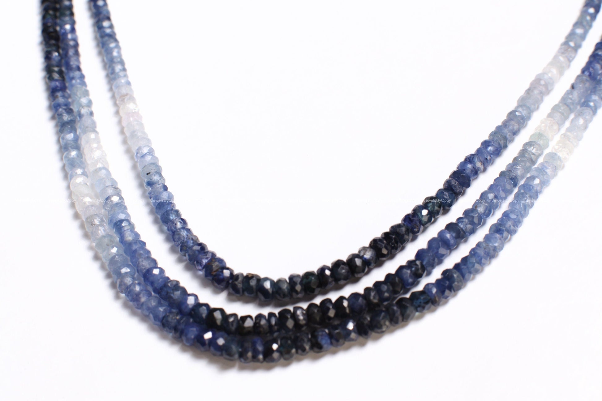 3 Line Natural Ombre Sapphire Graduated 2.5-3.5mm Faceted Roundel, 15&quot;-16&quot; Beads Length plus Adjustable Threaded Necklace