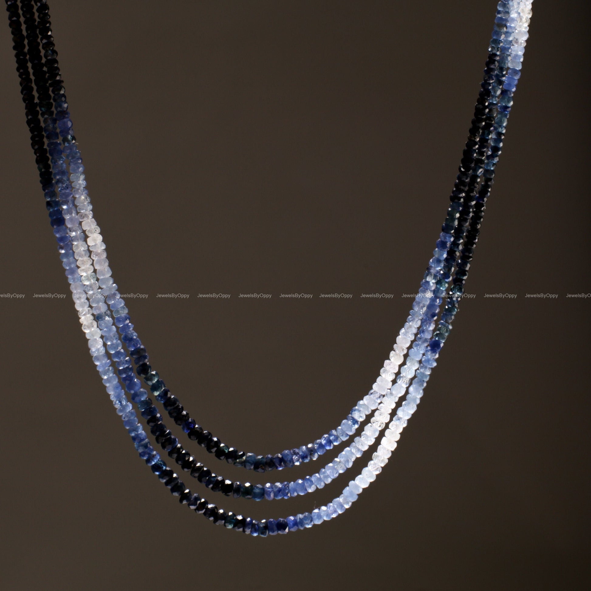 3 Line Natural Ombre Sapphire Graduated 2.5-3.5mm Faceted Roundel, 15&quot;-16&quot; Beads Length plus Adjustable Threaded Necklace