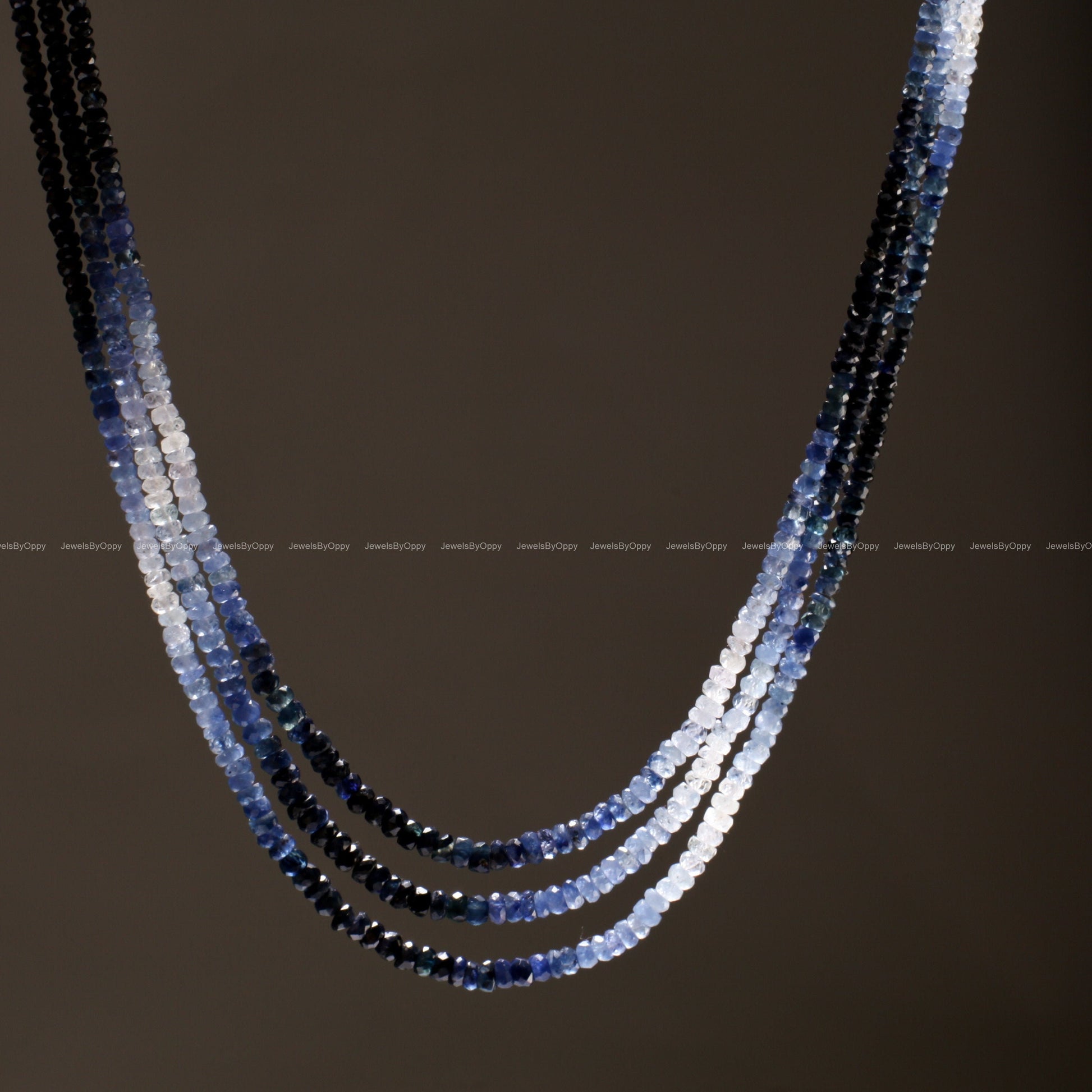 3 Line Natural Ombre Sapphire Graduated 2.5-3.5mm Faceted Roundel, 15"-16" Beads Length plus Adjustable Threaded Necklace