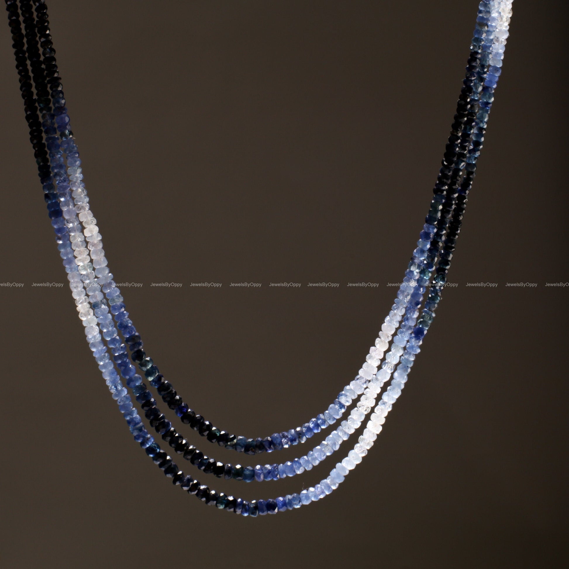 3 Line Natural Ombre Sapphire Graduated 2.5-3.5mm Faceted Roundel, 15"-16" Beads Length plus Adjustable Threaded Necklace
