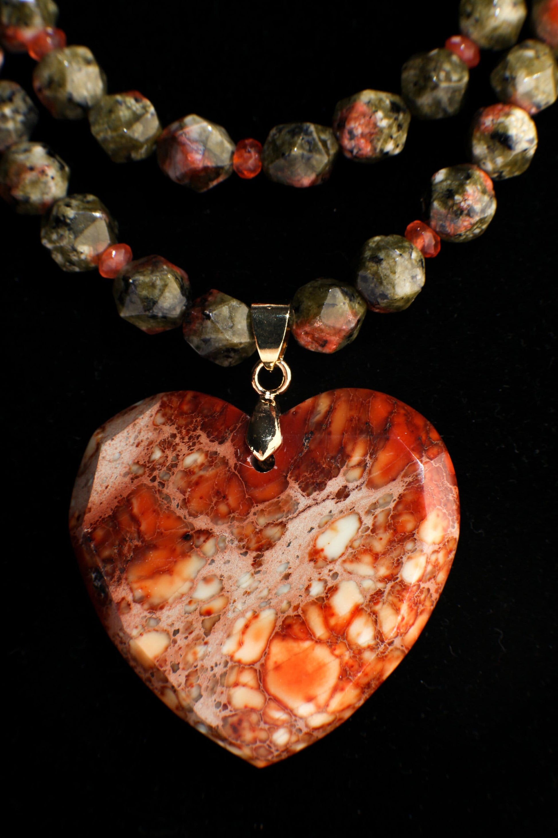 Natural Aqua Terra Jasper Faceted Heart Pendant with Unakite Jasper Octagon Faceted with Carnelian Accent Spacer Beads 2 Line 21&quot; Necklace