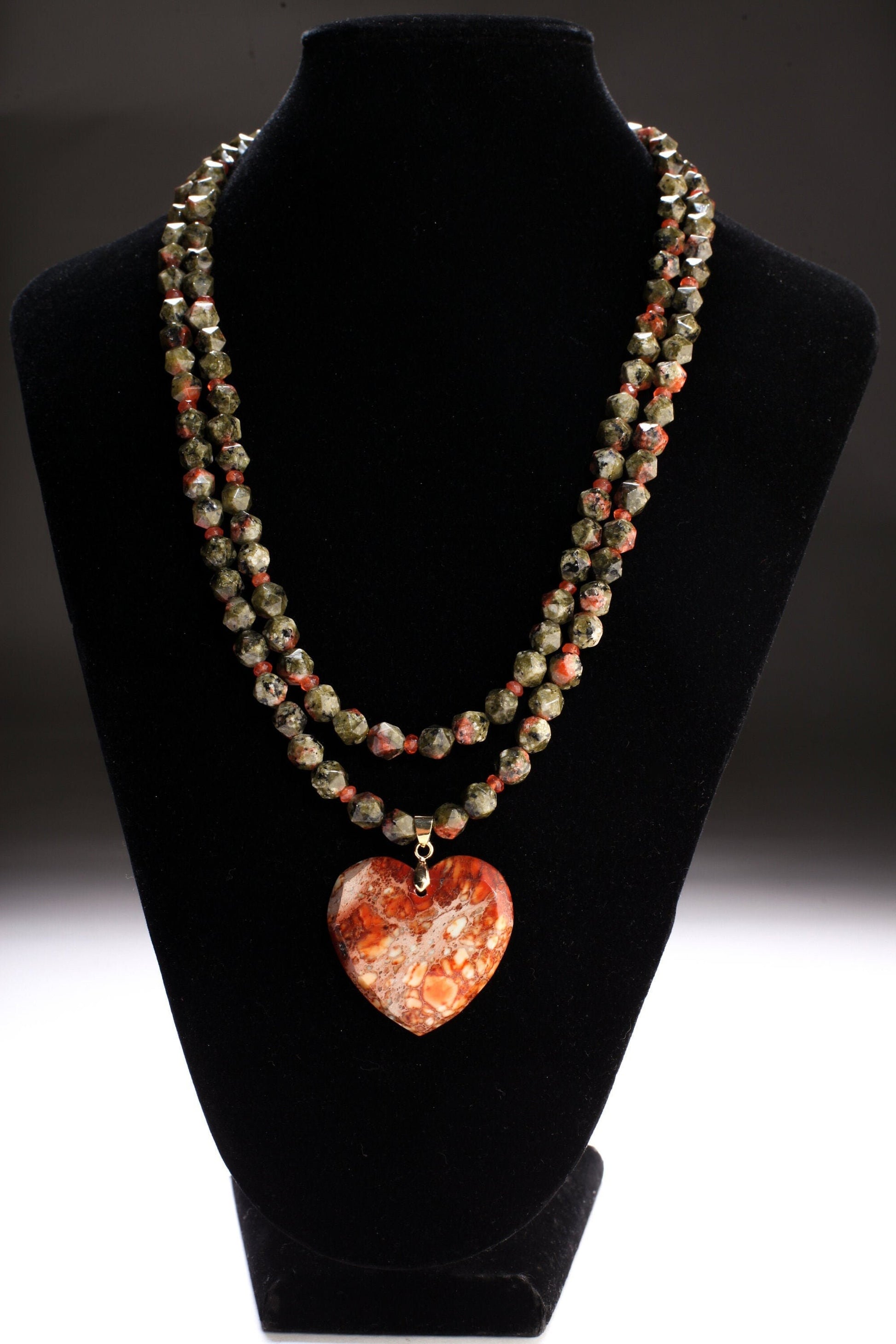 Natural Aqua Terra Jasper Faceted Heart Pendant with Unakite Jasper Octagon Faceted with Carnelian Accent Spacer Beads 2 Line 21&quot; Necklace