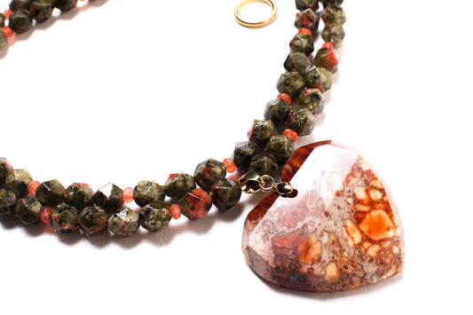 Natural Aqua Terra Jasper Faceted Heart Pendant with Unakite Jasper Octagon Faceted with Carnelian Accent Spacer Beads 2 Line 21&quot; Necklace