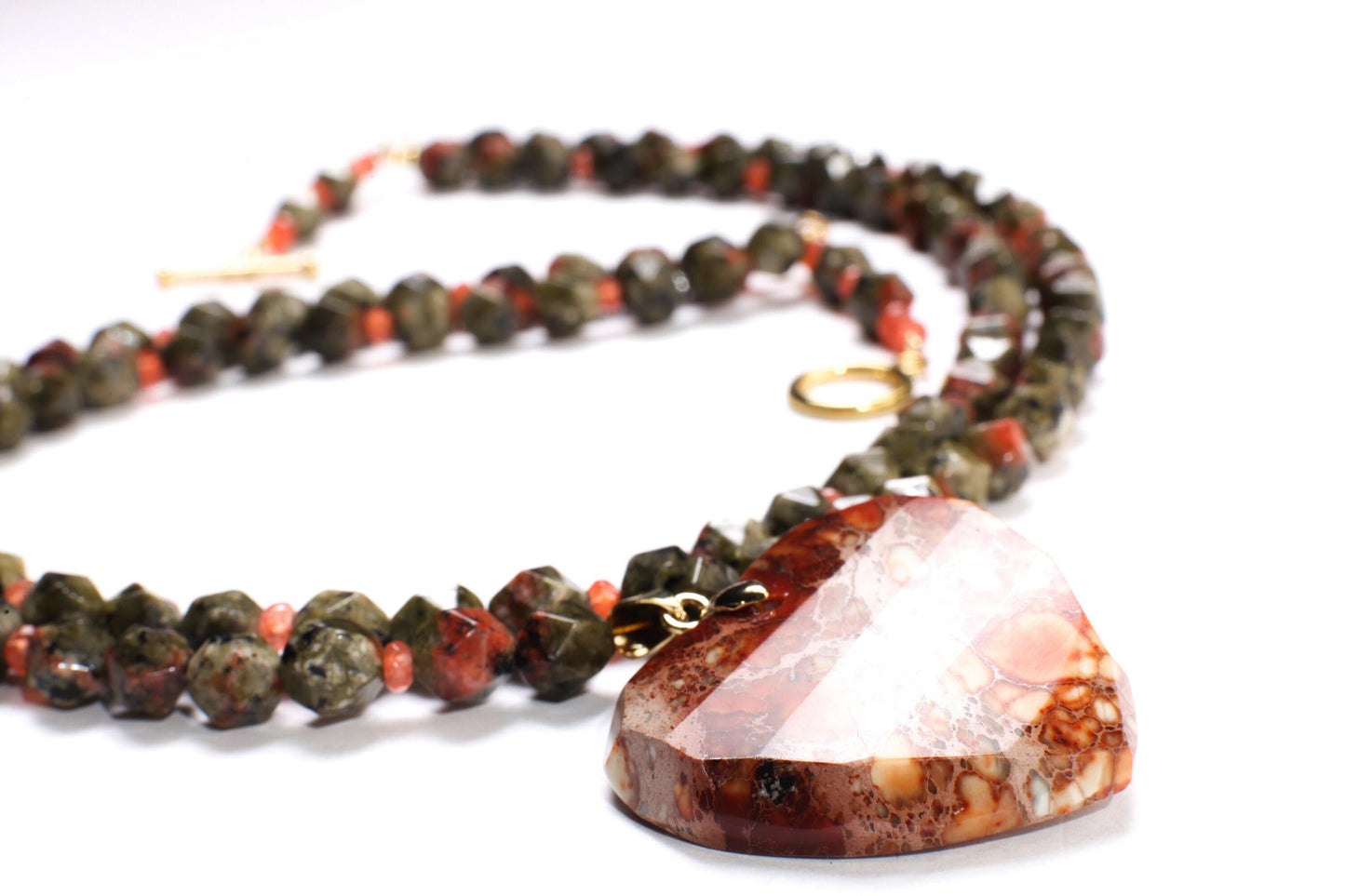 Natural Aqua Terra Jasper Faceted Heart Pendant with Unakite Jasper Octagon Faceted with Carnelian Accent Spacer Beads 2 Line 21&quot; Necklace