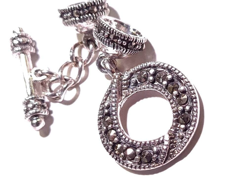 925 Sterling Silver Marcasite Toggle Clasp, 15mm circle, 17mm bar and 7mm cup, Vintage Marcasite Toggle Clasp with 1/2&quot; Extension. 1 set