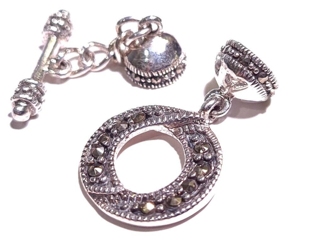 925 Sterling Silver Marcasite Toggle Clasp, 15mm circle, 17mm bar and 7mm cup, Vintage Marcasite Toggle Clasp with 1/2&quot; Extension. 1 set