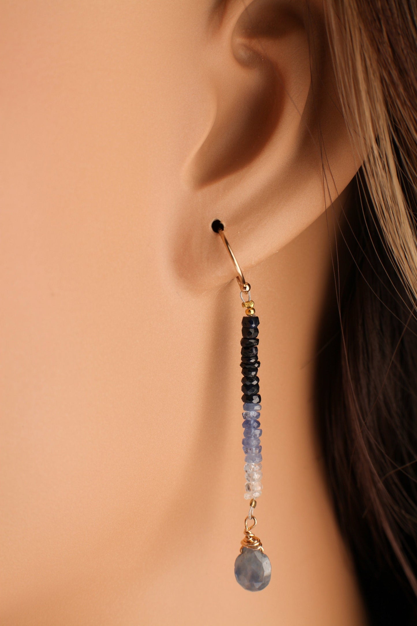 Ombre sapphire earnings Faceted 6x8mm PearDrop& 3mm roundel ombre sapphire 14K Gold Filled Hook Ear Wire or Leverback earrings.Elegantgift