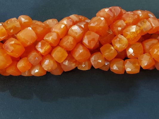 Orange Carnelian 8-9mm cube shape faceted bead for jewelry making, high quality 8&quot; strand