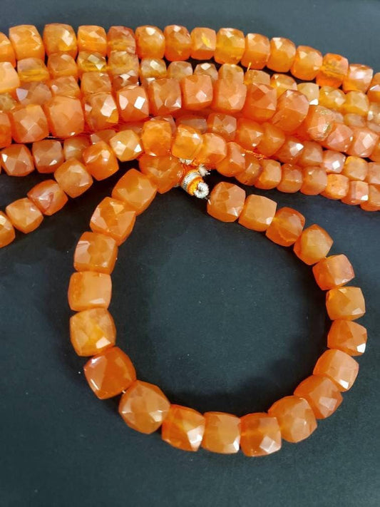 Orange Carnelian 8-9mm cube shape faceted bead for jewelry making, high quality 8&quot; strand
