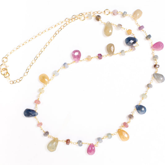 Multi Sapphire Necklace Wire Wrapped Dangling Faceted Pear Drop 5x7-6x9mm with Sapphire Rondelle in 14K Gold Filled Chain & Clasp Necklace