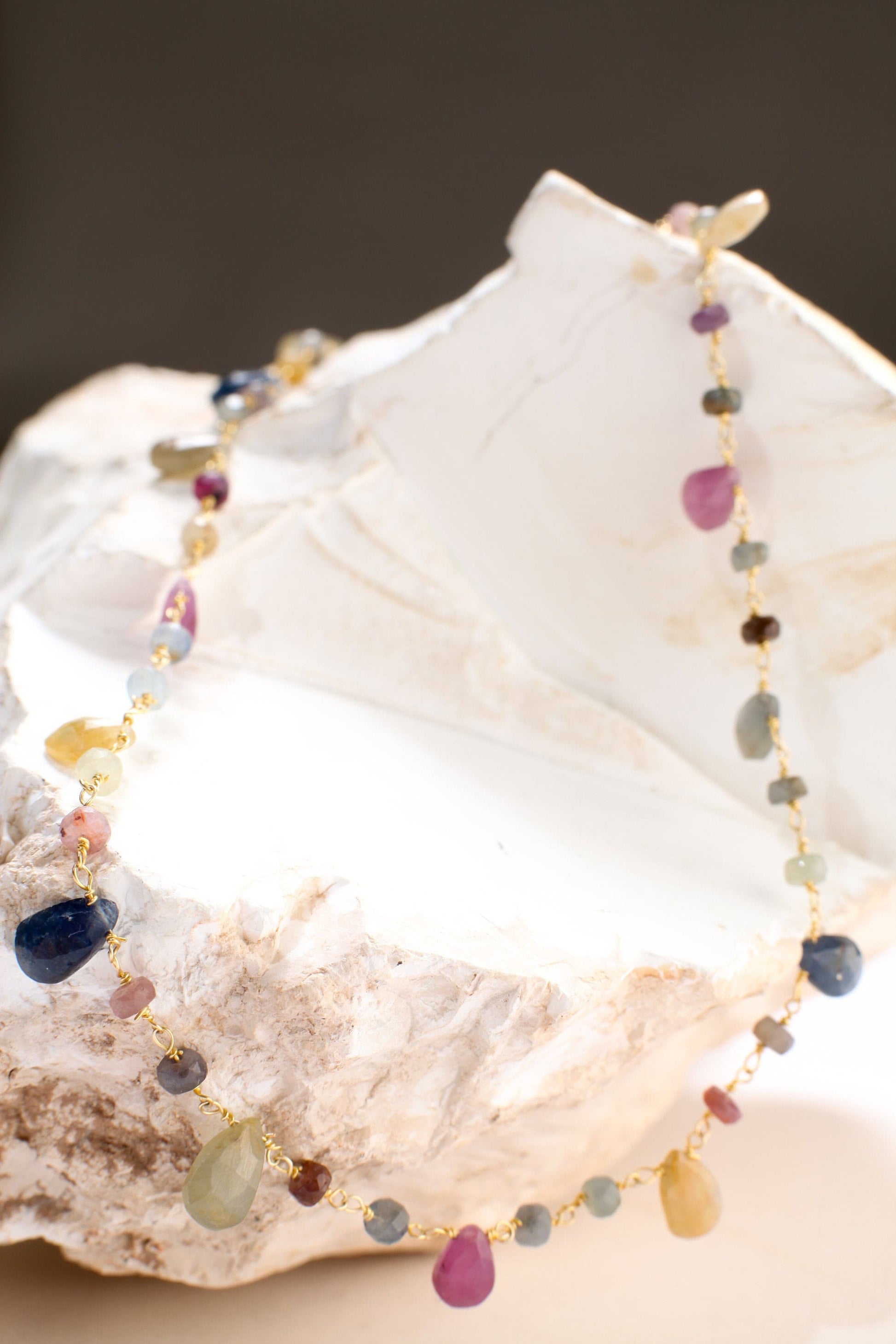 Multi Sapphire Necklace Wire Wrapped Dangling Faceted Pear Drop 5x7-6x9mm with Sapphire Rondelle in 14K Gold Filled Chain & Clasp Necklace