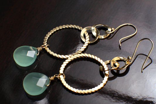 Aqua Chalcedony Faceted heart Drop Wire Wrapped Dangling with Hammered 18k Gold vermeil 925 Sterling Silver Hoop Earrings valentines gift