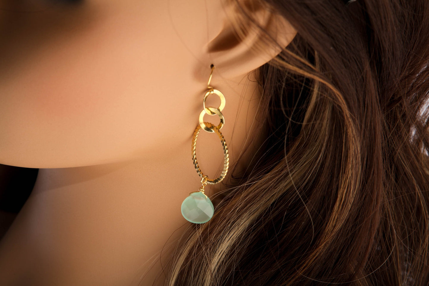 Aqua Chalcedony Faceted heart Drop Wire Wrapped Dangling with Hammered 18k Gold vermeil 925 Sterling Silver Hoop Earrings valentines gift