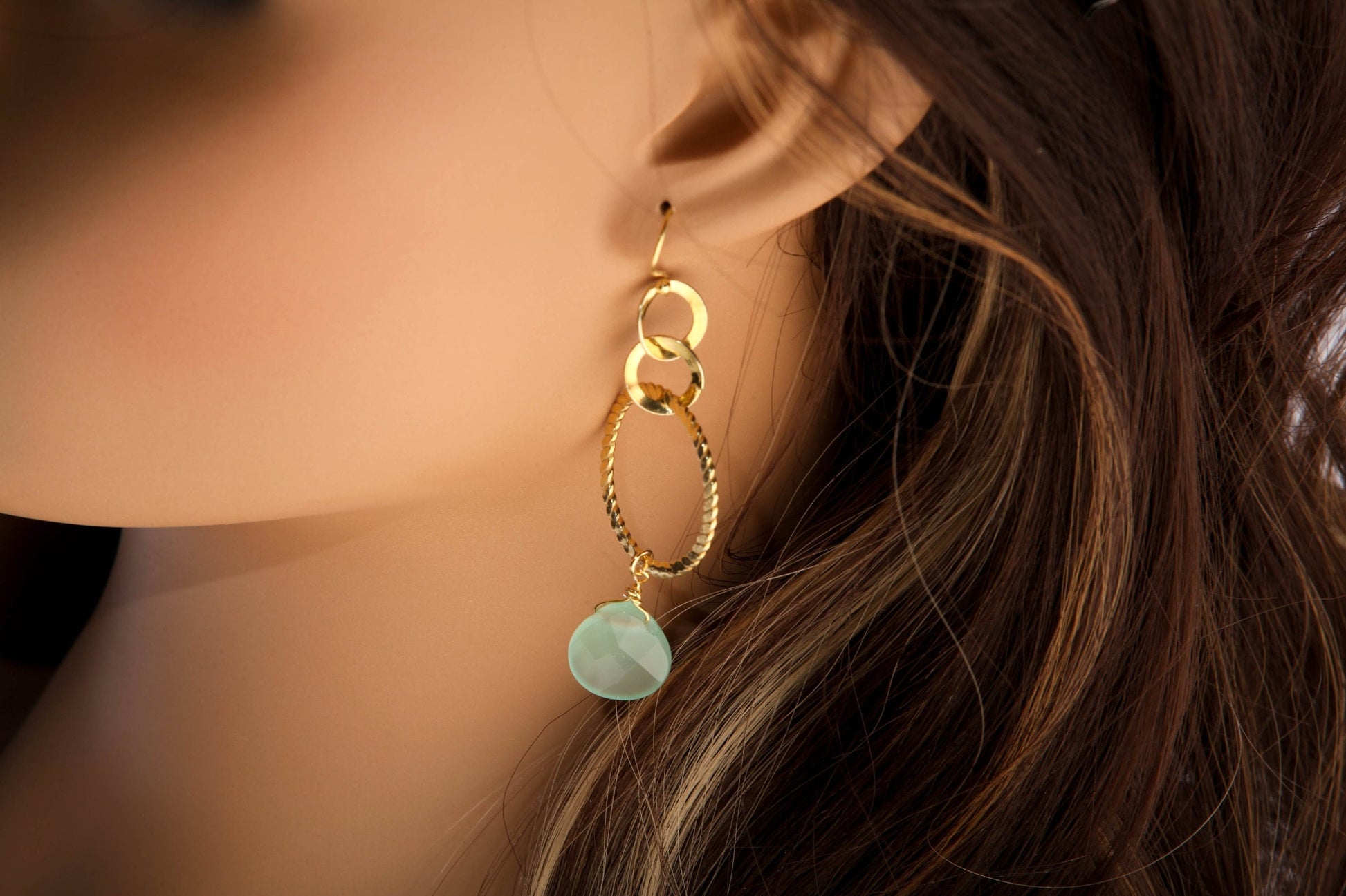 Aqua Chalcedony Faceted heart Drop Wire Wrapped Dangling with Hammered 18k Gold vermeil 925 Sterling Silver Hoop Earrings valentines gift