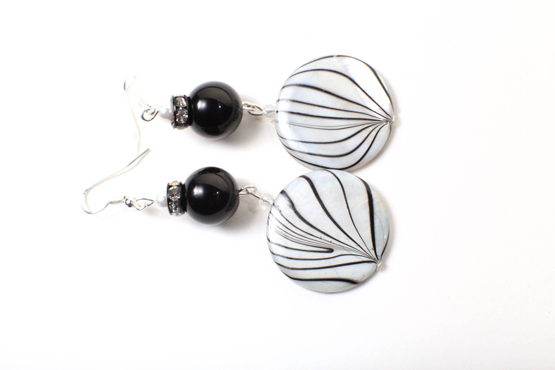 Mother of Pearl Shell 25mm Natural White with Dangling Black Onyx, Rhinestone Crystal Rondelle Spacers Silver Earwire Earrings, Gift for her