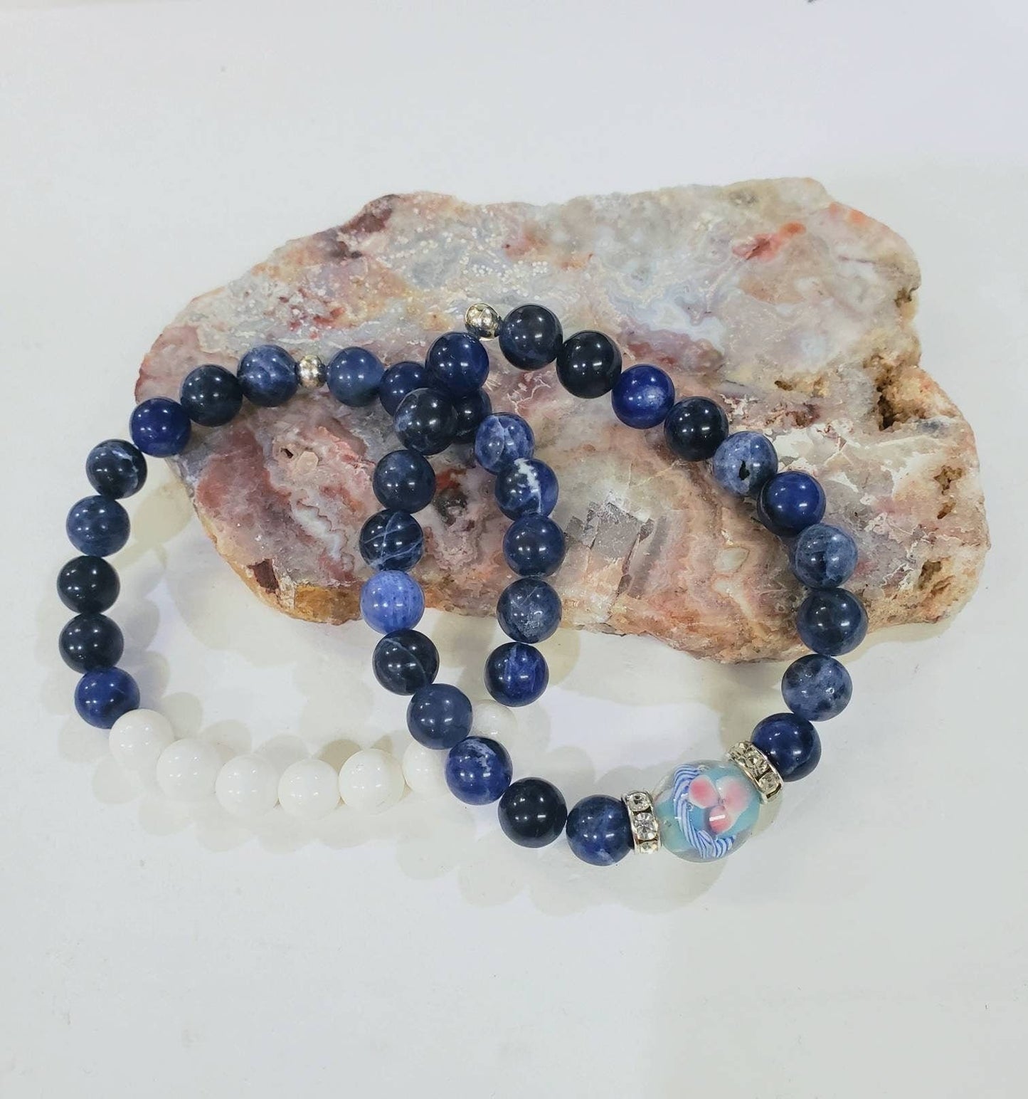 Genuine sodalite 8mm round bracelet. Sodalite with white jade and sodalite and sodalite with lamp work glass bead focal bracelet. 6”-10”