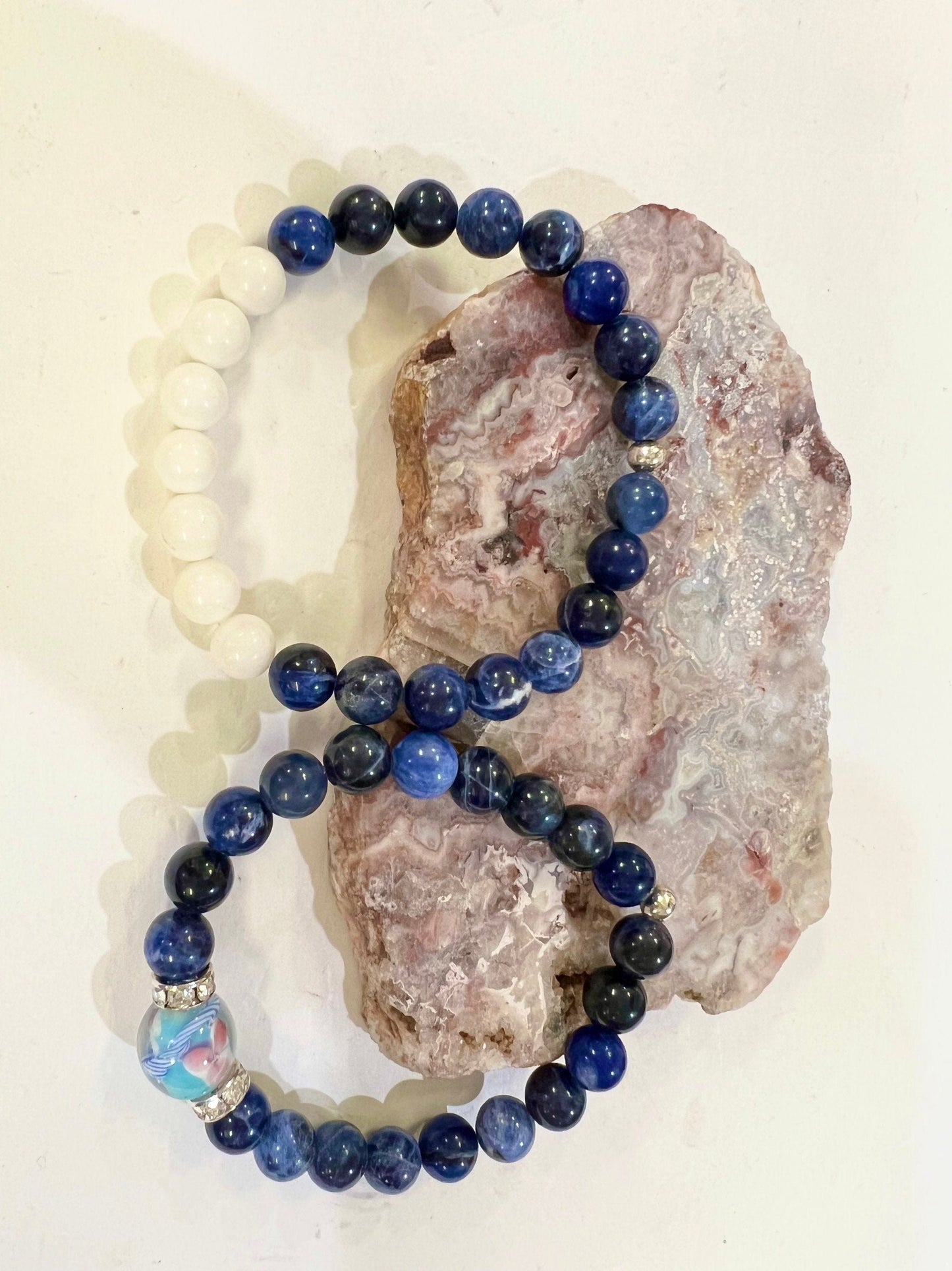 Genuine sodalite 8mm round bracelet. Sodalite with white jade and sodalite and sodalite with lamp work glass bead focal bracelet. 6”-10”